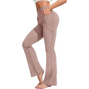 PINSPARK Flared Yoga Pants for Women Soft Ribbed Bootcut Gym Pants with Pockets High Waisted Elastic Flare Leg Pants Seal Brown M