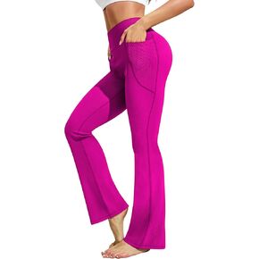 PINSPARK Flared Yoga Pants for Women Soft Ribbed Bootcut Gym Pants with Pockets High Waisted Elastic Flare Leg Pants Seal Brown M in Kuwait