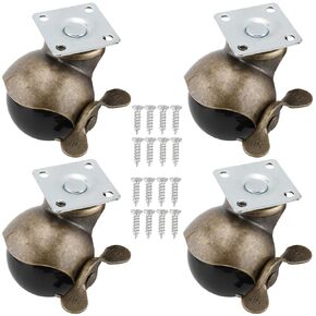 4-Pack 2 Inches Ball Caster Wheels with Brake 360 Degree Antique Brass Top Plate Casters for Furniture Cabinets Wheelchairs (4 Pack, 2Inch Top Plate, with Brake)
