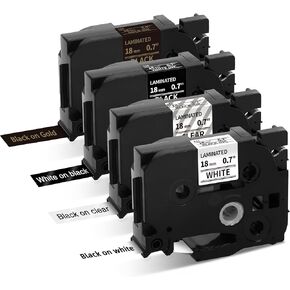 18mm Label Replace for P-Touch Tze Tape for Brother PTD410 PTD610 Label Maker, 3/4 inch x 23 feet, Aze 241/141/344/345, Black on White/Clear, White/Glod on Black, 4-Pack