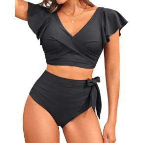 Aqua Eve Ruffle Bikini High Waisted Swimsuit - Women Two Piece Bathing Suit Tummy Control Bikini Set