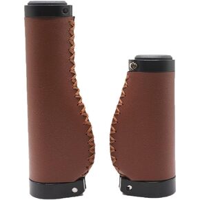 Bike Handle Grips 135/95mm Long/Short Grips Non-Slip PVC Microfiber Leather Ergonomic Hand-Sewn Casual Retro Double Lock-on Handlebar Lever for MTB,Road Bike (Dark Brown-B)