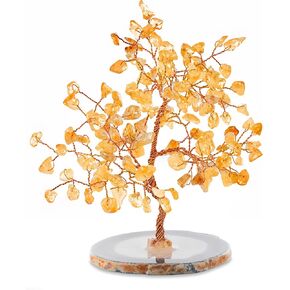 KARMA AND LUCK, Happiness Evoker, Real Citrine Crystal Feng Shui Tree of Life Home Decor, Wrapped in Copper Wire, Agate Base, Made in Bali, Small 6"