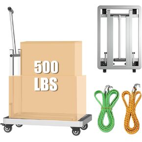 Folding Hand Truck, 500lbs Stainless Steel Foldable Dolly Cart with 4 Wheels & 2 Elastic Ropes for Luggage for Luggage, Travel,Moving and Office Use, Shopping