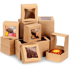 Fit Meal Prep [25 Pack] Bakery Boxes with Window 6x6x3 Kraft Cake Box Cardboard Bakery Packaging for Cupcake, Cookies and Pastry, Auto-Popup Treat Box Charcuterie Box for Valentine's Day, Christmas