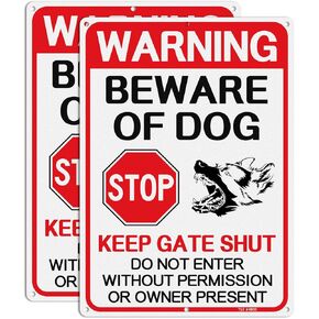 T&R Large Beware of Dog Signs - 2 Pack - 14 x 10 Inches Rust Free .040 Aluminum Reflective for Fence - Do Not Enter Sign for Garden and Yard, Wall Decor - 6 Pre-drilled Holes