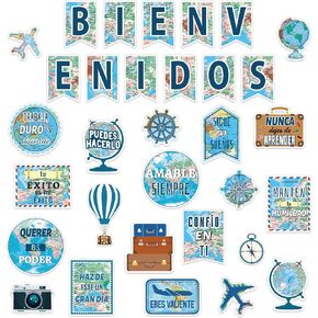 32 Pcs Spanish Classroom Decorations Map Travel Bienvenidos Spanish Inspirational Motivational Positive Posters Cutouts Spanish Bulletin Board Set for Teachers Students School Decoration Supplies