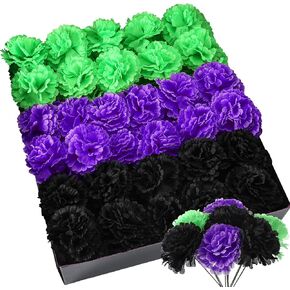180 Pcs Halloween Flower Artificial Green Purple Black Flowers with 6 Inch Stem Fake Silk Carnations 3 Inch Diameter for Cemetery Wreaths DIY Crafts Wedding Party Table Decoration
