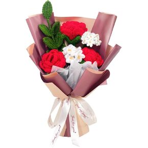 Crochet Rose Flower Bouquet, Red Rose Forget Me Not Knitted Artificial Flowers, Handmade Finished Crochet Bouquet, Gift for Mother Wife Women