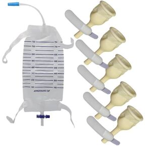 Complete Kit Urinary 5 Days 5 Rubber Condom Catheters External Self-Sea + 1 Leg Bag 750ml + Straps with a 5.9 inch 15 cm Tube +5 Count Safe and Secure Strap is a Foam Strap (Meduim 25 mm 1 Inch)