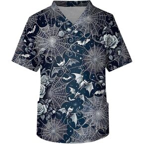 Men's Halloween Scrubs Tops Plus Size Short Sleeve V-Ncek Printed Working Nurse Unifrom with Pocket Mens Scrub Top