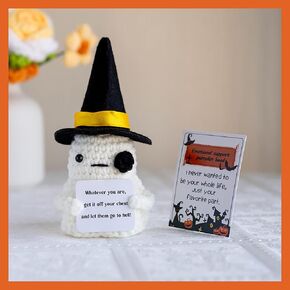 Halloween Funny Positive Doll,Handmade Emotional Support Doll,Cute Magic Pumpkin Knitted Doll with Positive Words Card for Friends, Parties, Birthdays,Halloween Decor