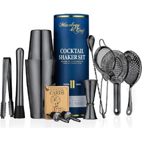 مجموعة هزازة الكوكتيل Mixology & Craft - مجموعة إكسسوارات بار مكونة من 11 قطعة مع هزازة بوسطن الموزونة، ومصفاة، وجيجر، وطين وأكثر - أدوات نادل منزلية، وإكسسوارات للنادل، باللون الأسود