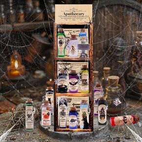 Ainswei Halloween Potion Bottles,Halloween Decorations Indoor,Apothecary Bottles with Spell Lable & Pendants,Wooden Apothecary Shelf With Local Wizard Newspaper,108 Pcs Prop Decorations