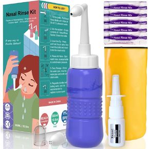 TONELIFE Sinus Rinse Kit 300ml+5Packets Nasal Salt -Nasal Wash Saline Packet Refills-Nose Cleaner-Neti Pot with Powdered Saline Convenient Packets for Adult Kids Nose Clean,Blue