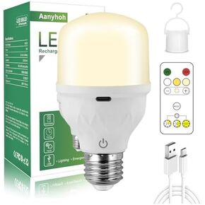 USB Rechargeable Light Bulbs with Remote Control, 5W LED Battery Powered Light Bulb for Lamps E26 Dimmable Touch Control Portable Emergency Light with Timer for Home Power Outages Camping Outdoor