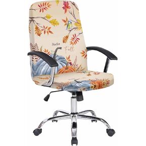 Hello Fall Office Chair Cover Large Stretchable with Armrest Covers,Thanksgiving Pumpkin Leaves Bird Blue Orange Removable Computer Chair Back Covers Office Desk Chair Seat Cushion Slipcovers