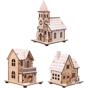 NUOBESTY 3pcs Christmas Wood Village LED Luminous House Xmas Style Ornaments Village Chistmas Scene Festival Wood Craft House Decors Luminous House Decors