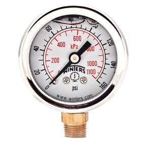 Winters 1-1/2 inch Dial Size, Glycerin Filled Industrial Pressure Gauge, Brass Internals, 304 Stainless Steel Case, Dual Scale 0-160 psi/kPa, 2.5% Acc, 1/8 inch NPT Bottom Mount, Liquid Filled Gauge