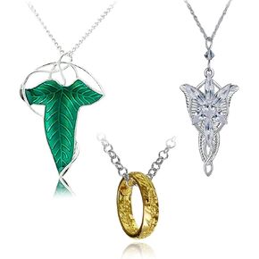 Crystal Pendant Necklace Elven Leaf Brooch with Chain Necklace Vintage Ring Gold for Unisex Jewellery Accessories Gift 3 pcs