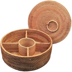 ARTIBETTER Woven Wicker Round Baskets with Lid Divided Rattan Sundries Box 29cm for Dried Fruit Nuts Bowl Keys Jewelry Makeup Counter Organizer