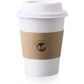 KTOB [50 pack] 12 oz Compostable Coffee Cups with Lids and Kraft Sleeves, Eco Friendly Disposable White Paper Cups Combo for Hot Beverage