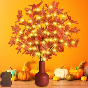 30 Inch Fall Lighted Branches for Vases - 3Pcs Lighted Maple Branches with 60 LED Lights, 120 Leaves, Timer Battery Operated Prelit Fall Artificial Stems Twig for Tabletop Home Thanksgiving Fall Decor