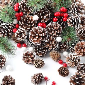 M&C Music Color 115Pcs Christmas Pine Cones Bulk Berry Pine Branch Set, Natural Snow Pinecones Winter Holiday Ornament for DIY Crafts Assorted Sizes Home Decorations Xmas Tree Tag Gift Party Supplies
