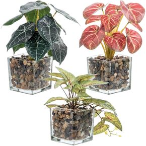 Fake Plants,Artificial Plants Indoor,Small Decorative Mixed Faux Plants Set,Home Decor Greenery in Glass Pots, Set of 3