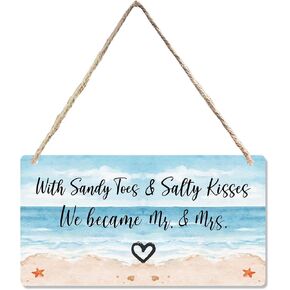 Beach Wedding Sign, Wedding Stuff, Engagement Party Sign, Ring Bearer Sign, Welcome Mr & Mrs Wedding Reception Decorations Hanging Sign Wall Decor for Wedding Open Bar Decor 12 x 6 Inch