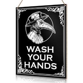 UDNADKEX Gothic Bathroom Wall Hanging Sign Decor, Plague Doctor Wash Your Hands, Goth Toilet Powder Room Decor Guest Bathroom Wooden Signs Halloween Wall Decor, Gift for Gothic Lovers