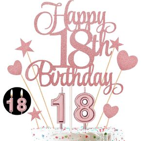 18th Birthday Cake Decorations Set Include 18th Birthday Candles Numeral 18 Cake Candles and Happy 18th Birthday Cake Toppers with Heart Star Cupcake Picks for Birthday Party (Rose Gold Series)
