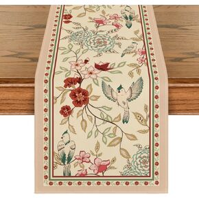 Artoid Mode Brown Birds Flowers Blossom Table Runner, Seasonal Spring Floral Kitchen Dining Table Decoration for Home Party Decor 13x72 Inch