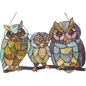 Chloe Lighting Ollie Tiffany Owls Family 11x17 Stained Glass Window Panel, Multi-Color