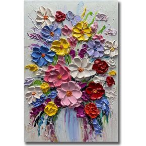V-inspire Art,24 x 36 Inch Modern 100% Hand-Painted Abstract Oil Painting Colorful Bouquets Full 3D Flower Murals Living room Bedroom Wall Decoration