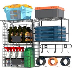 Garage Shelving Wall Mounted With Wire Baskets and Hooks,Basement Hanging Storage And Organizers,Heavy Duty Organization Shelves,Wall Storage Rack