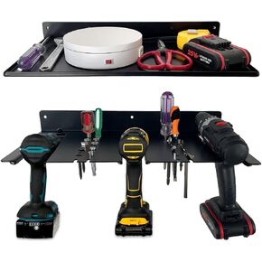 Homydom Garage Organization and Drill Storage Electric Drill Storage Rack Power Tool Holder with Storage Shelf Wall Mounted Utility Battery Storage Organizer Garage Workshop Shed Hanging