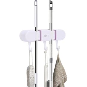 Broom Holder with 2 Slots & 3 Hooks Heavy Duty Garden Tool Organizer Broom Hanger Wall Mount for Home Laundry Room Kitchen Closet Shed Garage Organization and Storage - White