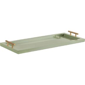 Kate and Laurel Halsey Rectangle Decorative Narrow Tray with Gold Metal Handles, 24 x 10, Green and Gold, Modern Glam Slim Serving Tray with Handles for Living Room Decor