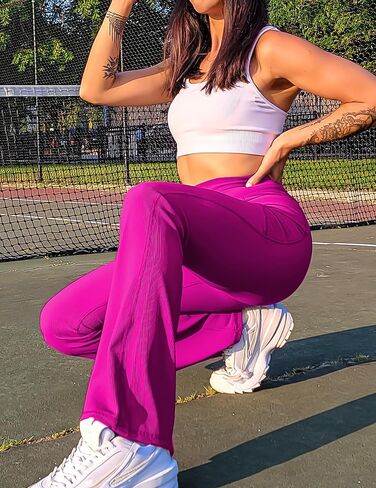 PINSPARK Flared Yoga Pants for Women Soft Ribbed Bootcut Gym Pants with Pockets High Waisted Elastic Flare Leg Pants Seal Brown M in Kuwait