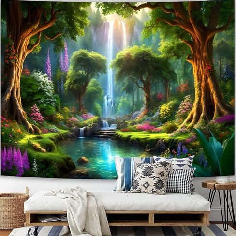 نسيج غابة سباركليا، منسوجات شجرة شلال خضراء معلقة على الحائط، نسيج جمالي لنهر الشمس المشرقة في بلاد العجائب لغرفة النوم وغرفة المعيشة - 59.1 بوصة × 80 بوصة in Kuwait