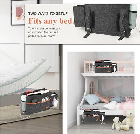 حقيبة تعليق لتنظيم تخزين السرير من Surblue Bedside Caddy مع صندوق مناديل وجيب لزجاجة المياه للمرتبة والأريكة وسرير السرير بطابقين، رمادي فاتح in Kuwait