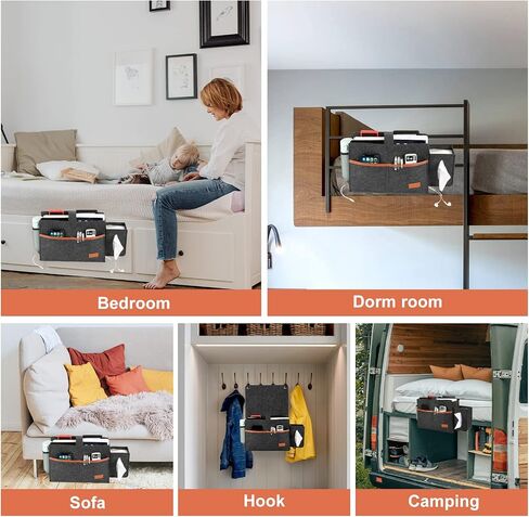 حقيبة تعليق لتنظيم تخزين السرير من Surblue Bedside Caddy مع صندوق مناديل وجيب لزجاجة المياه للمرتبة والأريكة وسرير السرير بطابقين، رمادي فاتح in Kuwait