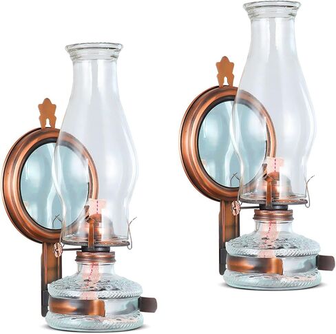 2 Pack Large Wall Kerosene Lamp Antique Oil Lamp with Mirror Vintage Oil Lamps for Indoor Use Clear Glass Wall Mounted Kerosene Lantern Rustic Hurricane Lamp for Home Decor Lighting in Saudi Arabia