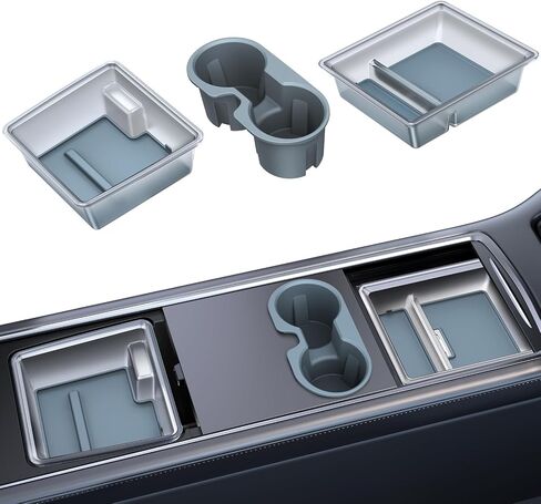 VICSEED 3PCS Tesla Center Console Organizer Set - Fit for 2021-2023 Model 3/Y, Translucent Front & Rear Console Organizer Tray, Non-Slip Silicone Cup Holder Insert, Tesla Interior Accessories in Saudi Arabia