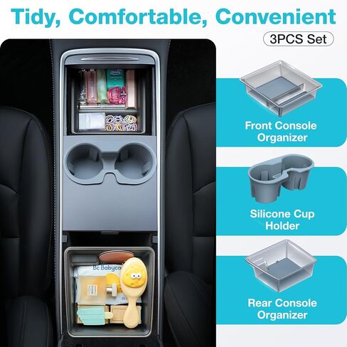 VICSEED 3PCS Tesla Center Console Organizer Set - Fit for 2021-2023 Model 3/Y, Translucent Front & Rear Console Organizer Tray, Non-Slip Silicone Cup Holder Insert, Tesla Interior Accessories in Saudi Arabia