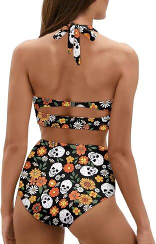 Women Two Piece Bikini Set Swimsuit Halter Ruched High Waist Bikini with Bottom in Kuwait