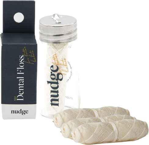 Nudge Pure Silk Dental Floss for Sensitive Gums, All Natural Floss Made with Silk and Candelilla Wax, Sustainable Floss in a Reusable Glass Container (Glass Dispenser + 1 x 30m Silk Floss) in Saudi Arabia
