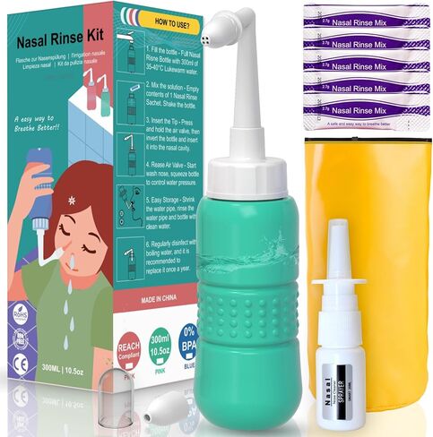 TONELIFE مجموعة شطف الجيوب الأنفية 300 مل + 5 عبوات ملح الأنف - عبوات ملحية لغسول الأنف - منظف الأنف - وعاء نيتي مع عبوات ملحية مسحوقة مريحة لتنظيف أنف الأطفال البالغين، أزرق in Kuwait