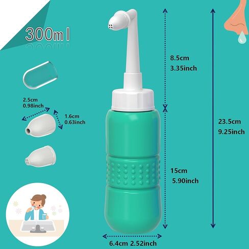 TONELIFE مجموعة شطف الجيوب الأنفية 300 مل + 5 عبوات ملح الأنف - عبوات ملحية لغسول الأنف - منظف الأنف - وعاء نيتي مع عبوات ملحية مسحوقة مريحة لتنظيف أنف الأطفال البالغين، أزرق in Kuwait